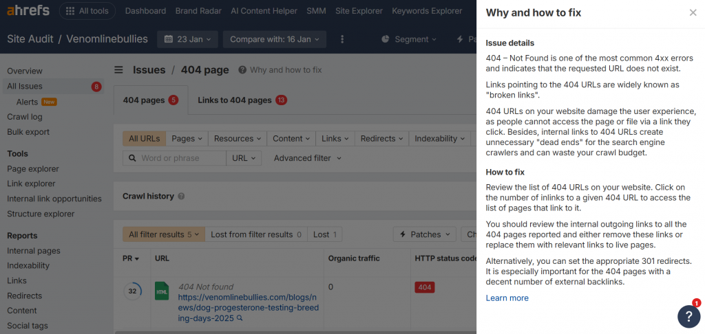Ahrefs Site Audit: What “404 Page” Error Means & How to Fix